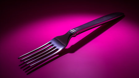 metal fork on pink background, backlit photography style, intense color saturation, dark gray and magenta hues. inspired by tintoretto and carl eugen keel, this image captures volumetric lighting effects. shot with a goerz hypergon 65mm f8 lens. ai generatedの素材