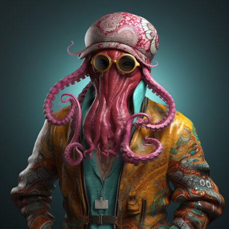 an octopus man wearing a hyper-detailed octopus mask is captured in this uhd image. the character study showcases a cyberpunk aesthetic with dark pink and dark aquamarine tones. the industrialpunk vibe adds to the overall atmosphere of the photo, making it a captivating and unique visual representation. this associated press photo is a stunning example of realistic rendering. ai generatedの素材