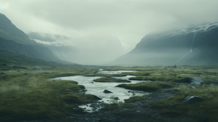a dark and foreboding mountain stream captured in the unique style of scarlett hooft graafland. this captivating photograph, shot on fujifilm velvia film, showcases the artist's talent for creating soft atmospheric scenes. inspired by the serene pastoral scenes of andreas rocha and einar hkonarson, this image merges the beauty of nature with a sense of mystery and tranquility. ai generatedの素材