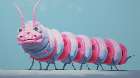 a pink caterpillar with white legs and a pink hat is depicted in this sci-fi realism style illustration. the caricature-like artwork showcases the caterpillar in a gigantic scale, with dark turquoise and light magenta hues. this editorial illustration focuses on depictions of animals, creating a visually captivating and unique piece. the image has a resolution of 3840x2160. ai generatedの素材