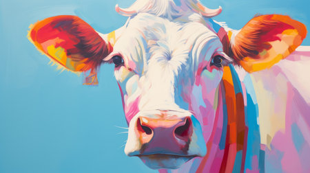 a cow with a colorful snout, in the style of lyco art, is facing the camera. the vibrant portraiture showcases the blink-and-you-miss-it detail and bold color fields. this high-resolution image measures 3840x2160 pixels and features a light cyan and white color palette. ai generatedの素材