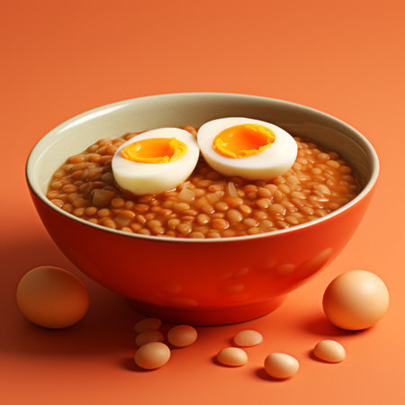 a bowl of soup sits on an orange colored surface, resembling shiny eyes. this photograph captures the essence of zbrush, political cartoons, anglocore, and pigeoncore. the detailed portraitures are reminiscent of mamiya rb67, resulting in a visually striking image. ai generatedの素材