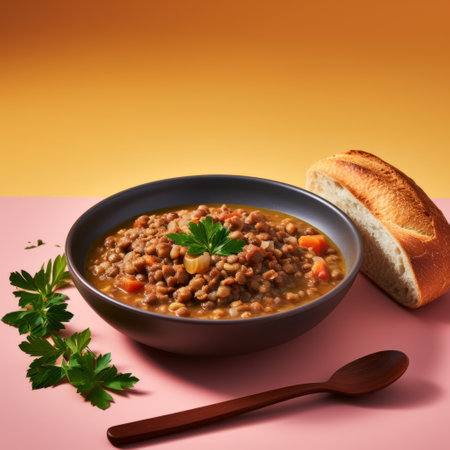a bowl of lentil soup with bread and parsley is showcased against a vibrant pink background. the image features digitally manipulated elements, with a combination of light gray and amber tones. captured using a zeiss batis 18mm f2.8 lens, the composition incorporates hints of light indigo and orange. the overall aesthetic is unpredictable, with minimal retouching and an added touch of realism through the "rtxの素材