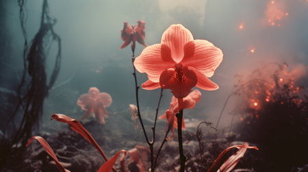 a stunning nature wallpaper featuring abstract backgrounds in the captivating combination of dark cyan and light crimson. this mesmerizing image, captured with the petzval 85mm f22 lens, showcases intricate flower and nature motifs. immerse yourself in the mysterious jungle, adorned with hints of light orange and light crimson. this captivating photograph is the work of the talented artist tomasz alen kopera, taken with the olympusの素材