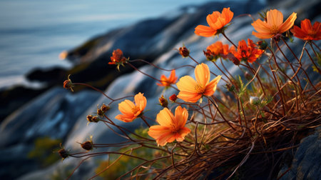 orange flowers bloom amidst the rugged rocks, creating a striking contrast in this captivating photograph. inspired by light-filled seascapes, the soft-focus technique adds a dreamy quality to the image. the bold lines and bright colors, reminiscent of even mehl amundsen's style, enhance the romantic scenery. the dark orange flowers against the light azure backdrop are beautifully accentuated by the rim light. ai generatedの素材