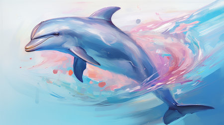 a dolphin gracefully leaps through a vibrant pool of blue water, depicted with soft, blended brushstrokes and muted colors. this stunning artwork captures the beauty of colorful fauna in a speedpainting style, showcasing a harmonious blend of pink and azure tones. the felinecore aesthetic adds an intriguing touch to this mesmerizing piece. ai generatedの素材