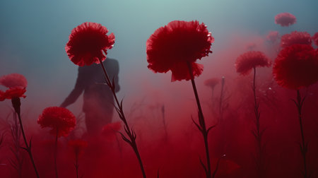 a woman's silhouette gracefully moves through a vibrant red poppy field, creating an ethereal and otherworldly atmosphere. this conceptual installation art piece showcases a blend of dark cyan and light crimson hues, resulting in a flowerpunk aesthetic. the soft and romantic scenes are brought to life with saturated pigments, making this uhd image a captivating visual experience. ai generatedの素材