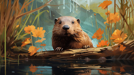 a game icon featuring a new beaver character in a forest setting. the icon showcases the artistic style of a marine painter, with naturalistic depictions of flora and fauna. it incorporates elements of still life realism and illustrative storytelling. the use of rtx technology and datamosh effects adds a visually stunning touch, while the amber color scheme adds warmth and depth to the overall design.の素材