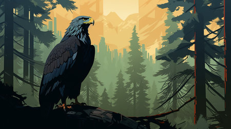 a blue striped eagle perched on branches in a forest, showcasing hyper-detailed illustrations and contrasting shadows. the 2d game art style captures the dark, foreboding colors of the expansive landscape, reminiscent of mountainous vistas. the flat perspective adds depth to this captivating scene. ai generatedの素材