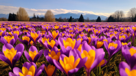 crocuses bloom in a field with majestic mountains as the backdrop, reminiscent of mahiro maeda's style. the vibrant colors of dark yellow and magenta create a striking contrast. this captivating photo, captured by edogawa ranpo, features soft focal points that draw the viewer's attention. a stunning image that could easily grace the pages of national geographic or the associated press. ai generatedの素材