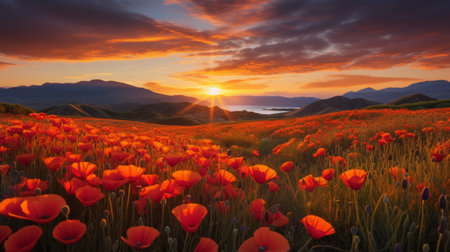 a vibrant red flower field is beautifully captured with the sun shining behind it, reminiscent of the artistic styles of mike campau, mediterranean landscapes, and oleksandr bogomazov. this multicolored landscape exudes a soft and romantic ambiance, with a play of light in shades of black and orange. the image is created using terragen software. ai generatedの素材