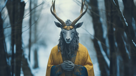a stag with horns stands in a wood forest, showcasing traditional costumes and a contemplative absurdity. this surreal fashion photography captures the essence of traditional chinese elements, with a touch of gray and gold. the scene is reminiscent of street art characters, with a low depth of field adding depth and intrigue to the image. ai generatedの素材