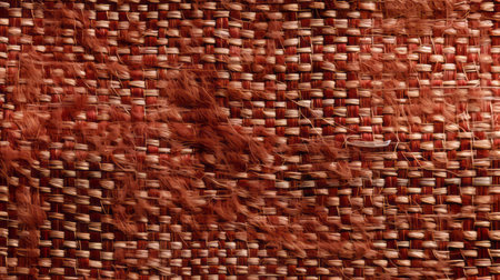 a close-up of a handwoven brown fabric with a vibrant red stitch, showcasing energetic brushwork. the attention to detail captures the texture of fur and feathers, while the digitally enhanced colors of light red and dark brown add depth. the woven-perforated pattern adds a rustic texture to this unique textile. ai generatedの素材