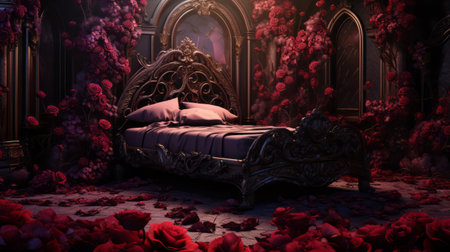 a red bed adorned with flowers sits beside it, creating a dark fantasy ambiance. this hyper-detailed rendering showcases gothic dark and ornate elements, enhanced by ray tracing technology. the 32k uhd resolution adds to the realism, while the dreamlike illustrations evoke a sense of mystery and enchantment. the color palette of dark black and pink further enhances the overall aesthetic. ai generatedの素材