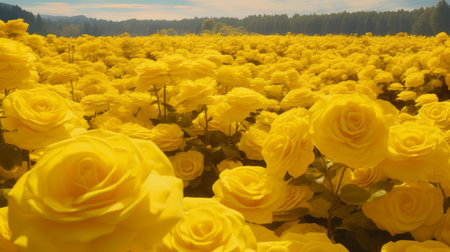 a stunning yellow rose flower field serves as the captivating background in this foampunk-inspired, surrealist dreamlike imagery. this national geographic photo showcases life-sized installations, created using the innovative techniques of bryce 3d. the vibrant colors are enhanced by the use of fujifilm velvia, resulting in a mesmerizing monochromatic imagery. ai generatedの素材