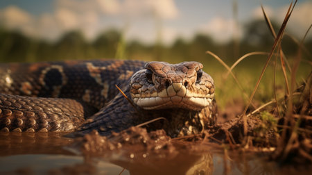 a python rests in the grass by a small creek, captured in a powerful and emotive portrait. this stunning image, rendered in unreal engine, showcases a blend of light indigo and dark amber tones. created by wojciech siudmak, the uhd image emphasizes the python's action, enhanced through digital techniques. ai generatedの素材