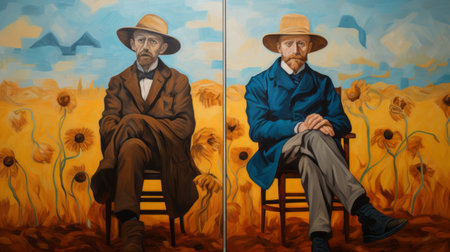 two men sitting in chairs are depicted in this oil on canvas painting. the artwork showcases the colorfield style, with elements of portraits and self-portraits. inspired by the animated film pioneer, the large canvas sizes and multi-panel compositions add depth to the piece. the painting also reflects the prairiecore aesthetic and emotional expressionism. ai generatedの素材