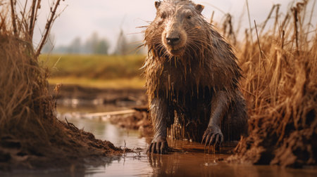 a muddy bear stands in the center of a marsh, surrounded by lush green grass. the photo, captured in the style of vray tracing, showcases a romantic depiction of a historical event. with rtx on, the image exudes a national geographic-like quality. the bear's detailed character design, made from recycled materials, adds a unique touch. the selective focus enhances the overall composition. ai generatedの素材