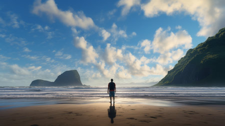 a person stands on a beach, gazing at the mesmerizing waves. this surrealistic and dreamlike scene, reminiscent of george caleb bingham's style, is captured in stunning 32k uhd resolution. the realistic and detailed rendering of the image creates a calming symmetry, while the shot on 70mm film adds a touch of cinematic beauty. ai generatedの素材