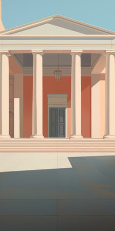 the stylized drawing captures an old building with columns, reminiscent of cinematic sets. created by a minimalist painter with a classicist approach, the artwork showcases the solarizing master's talent. the rich and immersive details bring the large-scale paintings to life, resembling animated illustrations. ai generatedの素材