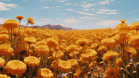 a field of vibrant yellow flowers stretches out before majestic mountains, creating a captivating scene reminiscent of b-movie aesthetics. this hyper-realistic pop landscape, with its desertwave vibes, showcases cinematic sets inspired by the works of giorgione. the playful and dreamlike imagery is brought to life in stunning 8k resolution. ai generatedの素材