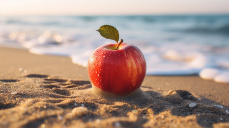 a vibrant and hyper-realistic photograph by contest winner miki asai featuring an apple with a green leaf on the beach. the image showcases the precisionism influence with its vibrant colorism, combining light red and light gold tones. the composition is enhanced by the use of light red and navy hues, creating a visually striking and captivating scene. ai generatedの素材