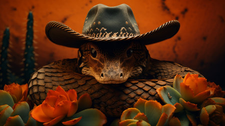 snake wearing a cowboy hat poses in the desert, showcasing a unique hybrid creature composition. this hyper-realistic portrait, inspired by angura kei and wildlife photography, captures the snake's dark orange and amber tones. the textured composition adds depth to the life-like avian illustrations. ai generatedの素材