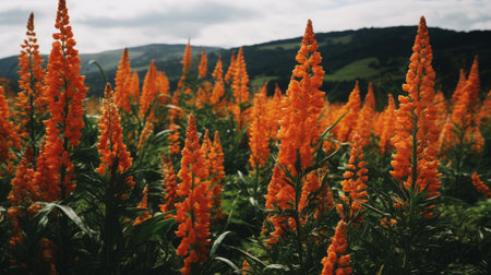 orange flowers bloom in a field, cascading over a hill, captured with the artistic touch of a ricoh gr iii camera. the image showcases columns and totems amidst the vibrant blossoms. with a shallow depth of field, the mountainous vistas serve as a breathtaking backdrop. the flowers display a captivating blend of dark orange and light gold hues, evoking a sense of scoutcore and swissの素材