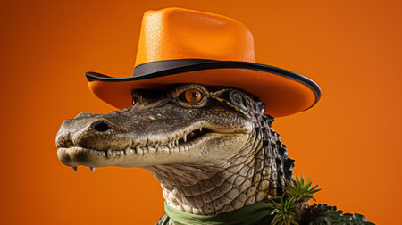 an alligator wearing an orange hat poses for a studio photography session. this animated film pioneer showcases celebrity portraits with personality, capturing the character of the subject. the use of ilford sfx film adds an edgy touch to the low-resolution image, creating a unique and captivating visual. ai generatedの素材