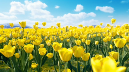 yellow tulips bloom vibrantly on a vast field under a serene blue sky adorned with fluffy clouds. this breathtaking scene, reminiscent of a digital masterpiece, showcases the artistic prowess of joong keun lee. rendered in unreal engine and terragen, the image boasts an impressive 8k resolution. elizabeth gadd's masterful use of light and color creates a realistic yet ethereal ambiance, enhanced by the captivating monochromaticの素材