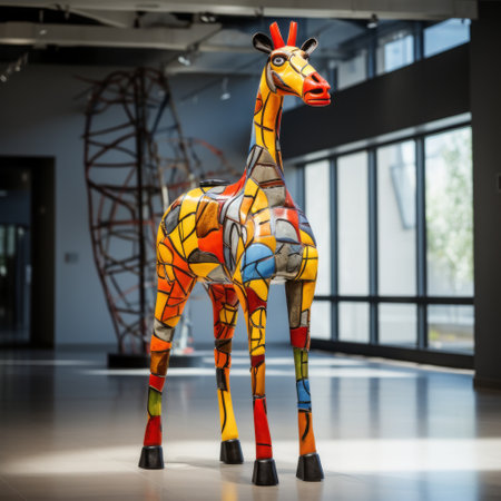 a giraffe, inspired by the abstract colorist sculptor patrick mchale, stands gracefully in the center of a spacious room. this unique maquette combines elements of hopi art, engineering construction and design, and graffiti-inspired animals. the vibrant colors and intricate details of this sculpture create a captivating piece that embodies the essence of prairiecore aesthetics. ai generatedの素材