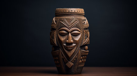 an old wooden tribal mask from africa and the dutch republic, featuring traditional balinese motifs, captured in a dark and moody still life. this art deco-inspired piece, photographed with the tamron 24mm f/2.8 di iii osd m12 lens, showcases the intricate details of the decorative vessel. created by andrei markin and dmitry kustanovich. ai generatedの素材