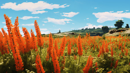 a long field of vibrant orange flowers stretches across a picturesque green landscape, rendered in maya with shige's visual aesthetic style. the scene features realistic blue skies, reminiscent of filippo brunelleschi's art, and showcases detailed environments commonly found in 2d game art. the color palette is a harmonious blend of light crimson and cyan. ai generatedの素材