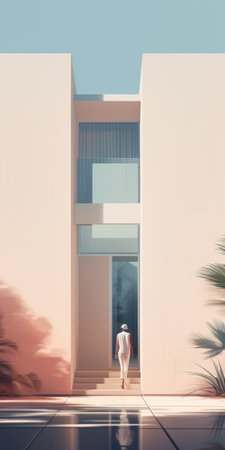 the photo showcases an art direction by daniel dillinger featuring a lilac beach house illustration. the style of the artwork is characterized by a juxtaposition of light and shadow, with minimalist color fields in light red and light cyan. the 8k 3d image captures a street scene with windows vista, while drawing inspiration from modernism for the portraiture. ai generatedの素材