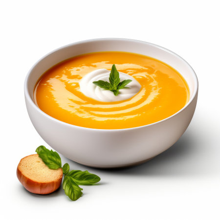 squash soup with sour cream and green leaves is presented in a white bowl, showcasing a realistic rendering style. the colors range from light orange to orange, creating a visually appealing dish. the clear edge definition adds to the overall aesthetic. this villagecore-inspired image has an unpolished and rembrandtesque quality. ai generatedの素材