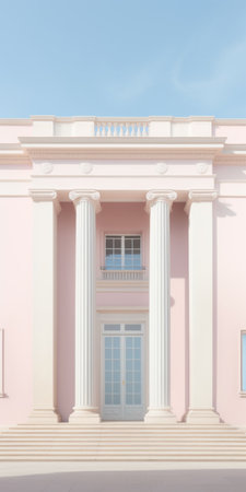 an old shabby pink building, modeled in the neoclassical style, is showcased in this uhd image rendered with octane. the composition features columns and totems, reminiscent of the works of bo bartlett. the soft and dreamy scenes are enhanced by the simplified colors, creating a captivating visual experience. ai generatedの素材