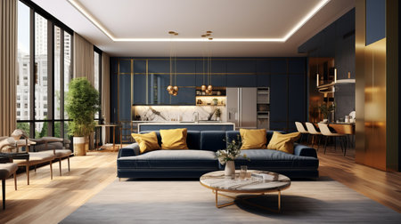 an elegant living room in a high rise hotel featuring a dark blue and yellow color scheme. the realistic and detailed rendering showcases a glossy finish, creating a soft and dreamy atmosphere. the room incorporates elements of bauhaus functional design with a light use of color, predominantly dark blue and gold. ai generatedの素材
