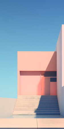 ombre geometry style hd render of a building and stairs by lenny mcfly. this minimalist color field artwork showcases soft pastel skies, vibrant street scenes, and minimalist textiles. the pink hues and bright sculptures add a pop of color to the hyper-realistic details of the scene. ai generatedの素材