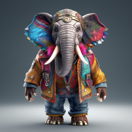 a cartoon elephant, inspired by the artistic styles of mike campau and bill gekas, stands out in its colorful clothing. this hyper-detailed rendering showcases a fusion of east and west influences, resulting in a unique character design. the groovy vibes of this artwork by sunil das add an extra touch of creativity. ai generatedの素材