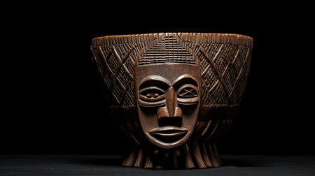 an african sculpture face design is showcased in the center of the photo. the black background enhances the traditional craftsmanship of this decorative vessel. captured with a samyang 14mm f28 if ed umc aspherical lens, the wood sculpture features intricate geometric decorations, highlighting its high level of detail. ai generatedの素材