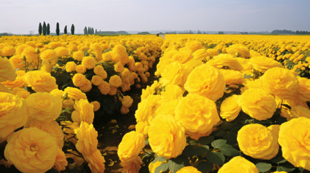 yellow flowers in the style of exacting precision and intense color fields. these vibrant blooms showcase the influence of larme kei fashion and feature unusual cropping. the photo is developed using the caffenol method, resulting in a unique aesthetic. the flowers stand out against a picturesque french landscape, creating a captivating wimmelbilder scene. ai generatedの素材