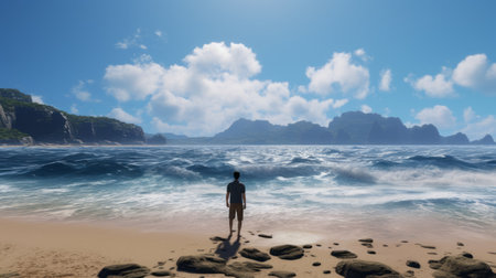 a woman stands on a beach, gazing at the tranquil water surrounded by majestic rocks. this stunning scene, reminiscent of unreal engine 5, showcases serene oceanic vistas and the captivating beauty of outrun and mountainous vistas. the image captures the essence of ocean academia, bryce 3d, and the vintage charm of the argus c3 camera. ai generatedの素材