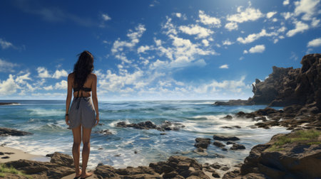 a woman dressed in white stands in the ocean, gazing at a picturesque seaside view. this photo, created in the style of daz3d, features realistic blue skies and a digitally enhanced, high-resolution landscape. capturing a romantic and dramatic atmosphere, this associated press photo showcases photo-realistic landscapes. ai generatedの素材