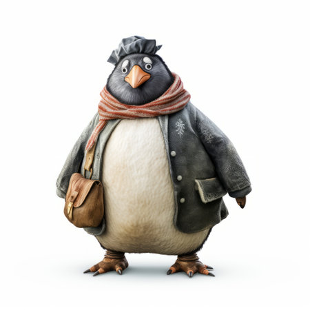 a penguin wearing a hat and scarf is depicted in this game illustration. the realistic and detailed rendering showcases charming character illustrations with a humorous tone. the artwork is heavily textured, giving it a unique and tactile feel. the large format film captures the full body of the penguin, highlighting its adorable appearance. the use of leatherhide adds an interesting element to the overall design.の素材
