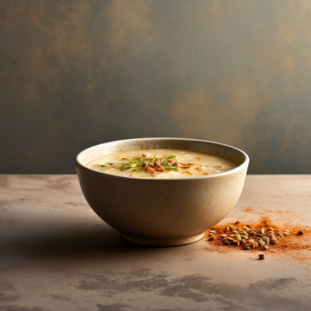 a bowl of soup, beautifully presented with sprinkles and spices, showcases the artistry of minimal retouching. the phoenician-inspired design adds a touch of elegance, while vignetting enhances the overall aesthetic. the warm tones of light yellow and gold create a visually appealing composition. captured using fujifilm pro 400h film, this image exudes a sense of earthcore ambiance. experience the stunning visual effects with rtx on.の素材