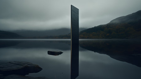 a wooden column stands on the edge of an empty lake, resembling a wall sculpture and installation. the scottish landscapes provide a stunning backdrop, with a strong contrast between light and dark. this unique piece of art, found on furaffinity, features thin steel forms that are sharp and angular, creating an epic portraiture. ai generatedの素材
