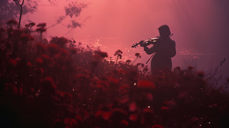 a musician playing classical music is captured in a mesmerizing photograph, set against a backdrop of vibrant red flowers. the image, reminiscent of hazy landscapes, was skillfully taken using a pentax k1000 camera by the talented photographer michael whelan. this captivating shot, featured in national geographic, showcases the artistry of xiaofei yue, beautifully illuminated in silhouette lighting with the use of a hasselblad h6d-400c. aiの素材