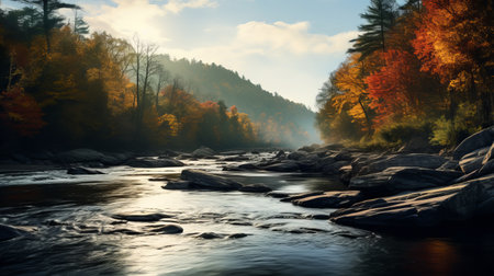 a peaceful river flows gently through a landscape adorned with rocks, trees, and vibrant autumn leaves. this hazy and serene scene captures the essence of american tonalist art, with its mountainous vistas and backlit photography. the image evokes the spirit of a national geographic photo, showcasing the beauty of nature in dark cyan and light amber tones. the high resolution allows for a detailed andの素材