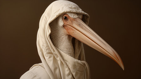a head dressed in white with a blue jacket, captured in the style of hyperrealistic wildlife portraits. this life-like avian illustration showcases the stunning details of the exquisite clothing, with minimal retouching. the use of dark beige and beige tones adds an orientalist touch to the image, created using unreal engine 5. ai generatedの素材