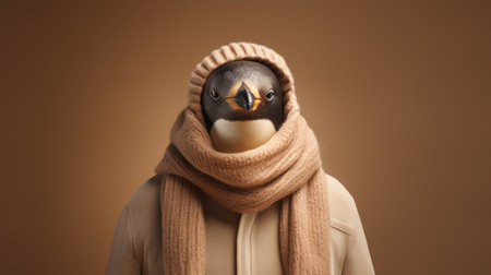 a penguin wearing a scarf and hat is depicted in this photo. the style of the image resembles photorealistic portraits with minimal retouching, showcasing a realistic depiction of everyday life. created using cinema4d, the color palette consists of beige and amber tones. the photo exudes a bold fashion photography vibe, while also incorporating elements of normcore fashion. ai generatedの素材